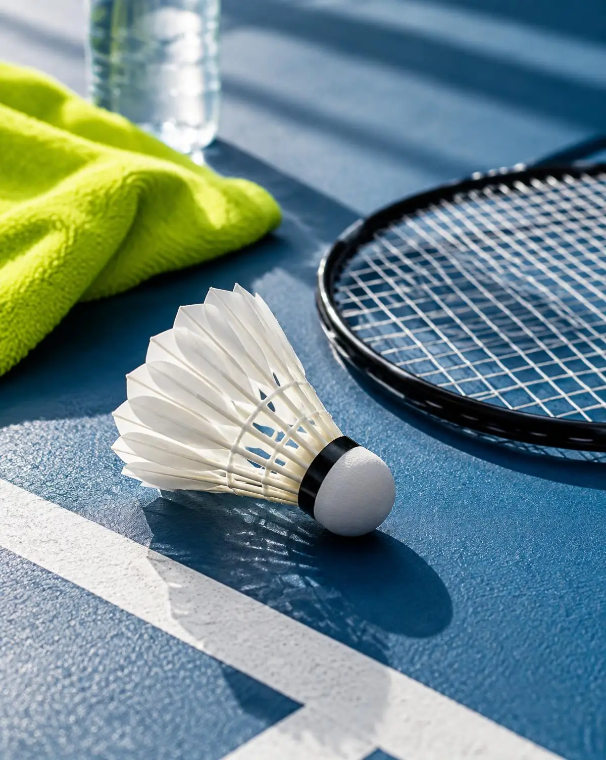 Badminton shuttlecock and racket on court
