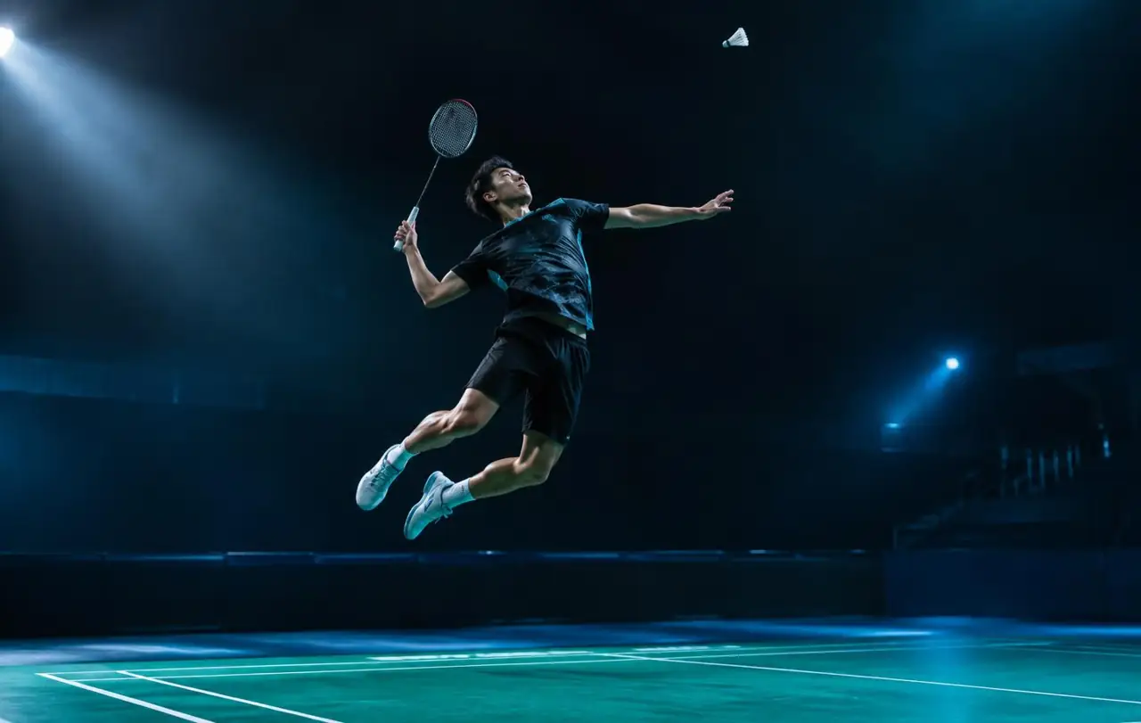 Badminton athlete jumping for a smash